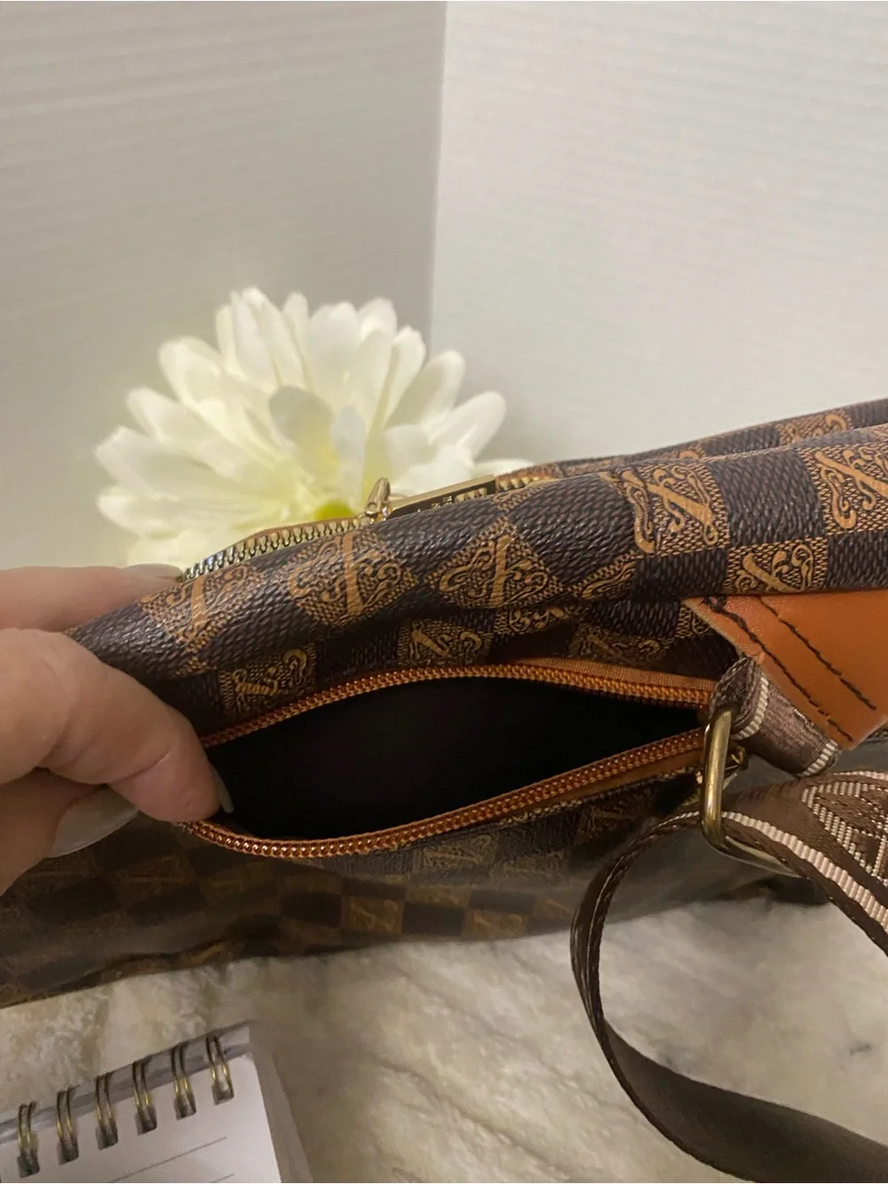 Brown Checkered Mini SlingBack Bag with Gold Hardware Multiple Compartments